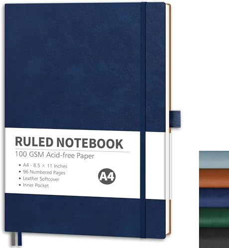 RETTACY Notizbuch A4 Liniert – 96 nummerierte Seiten, 100 g/m² Papier | Journal & Tagebuch, Softcover, kein Tintenfresser, Innentasche – für Berufstätige, Studenten, Meetings - Blau