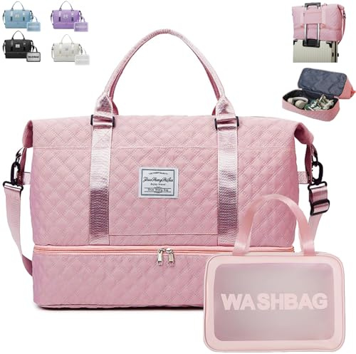 YOUYIKE Reisetasche Damen Groß, 41L Reisetasche mit Schuhfach, Nassfach Wasserdicht Turnbeutel Handgepäck Tasche für Flugzeug, Badetasche, Weekender Travel Bag Women(Rosa)