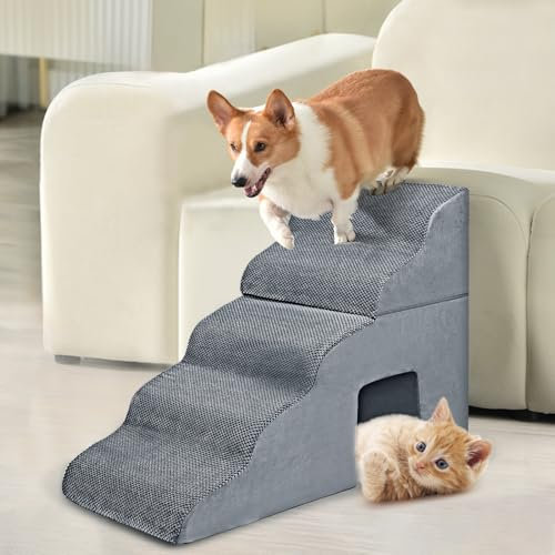 Makamsui Hundetreppe Rampe für Hochbetten und Couch, 5-stufige Hundetreppe für Bett, Gebogene Hundetreppe für Kleine Hunde und Katzen, Haustiertreppe Rutschfest Ausgewogene Haustierstufe Innenbereich,