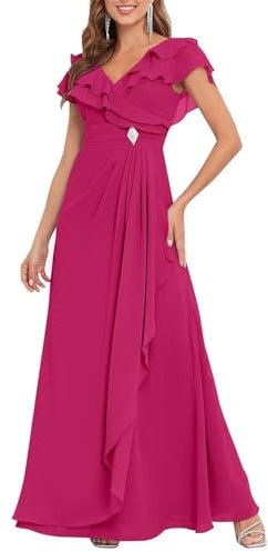 HPPEE Vestido largo para madre de la novia para mujer, con volantes, mangas de capa, vestido formal de invitada de boda, fucsia, 52 Más