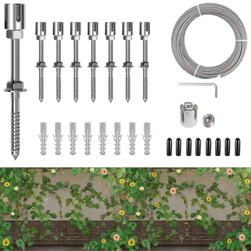 TOOSOAR Rankhilfe aus Edelstahl für Kletterpflanzen,Drahtseile System Kit für Pflanzen(8 Halter, 12m Seil)