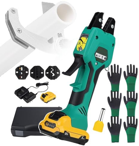 forplubossmmp Kit De Mâchoires pour Outils De Sertissage Électrique, Pince À Sertir Hydraulique avec 3 Têtes De Matrice, Pinces À Sertir Électriques Alimentées par Batterie 12V 2,0Ah(avec 12 Gants)