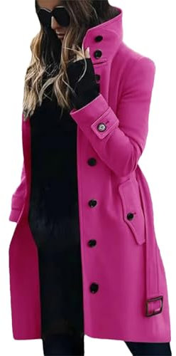 Chaqueta cálida de invierno para mujer, con cuello vuelto, abrigo largo de mezcla de lana, fucsia, M
