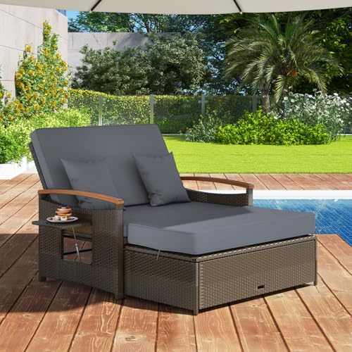 GIANTEX Divano da Giardino in Rattan a 2 Posti con Funzione Allungata, Set di Mobili in Rattan con Sgabello, Doppia Sedia a Sdraio per 2 Persone, 3 Colori