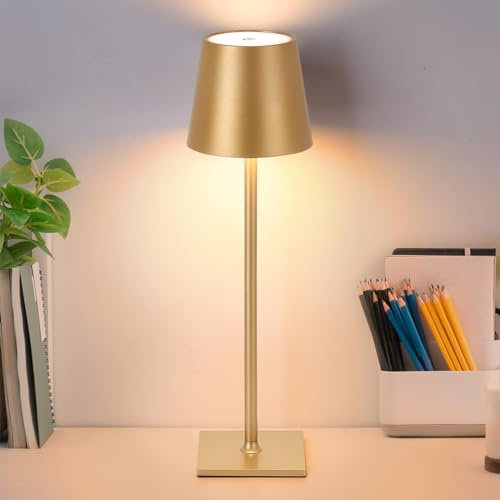 Alpinaluz TEKA - Lampada da tavolo a LED senza fili, con base metallica dorata, ricaricabile da USB-C – intensità e temperatura di colore regolabili CCT, IP54 per interni ed esterni, design moderno