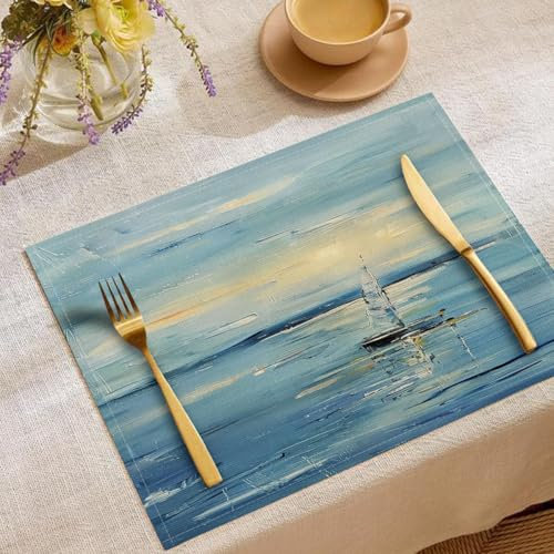 Abwaschbar Tischsets 8Er Set, Ozean Segelboot Abstraktes Ölgemälde Tischdeko Küche Tischläufer Ostern Frühling Bankett Tischsets Urlaub Party Dekor Saisonal rutschfeste Platzsets