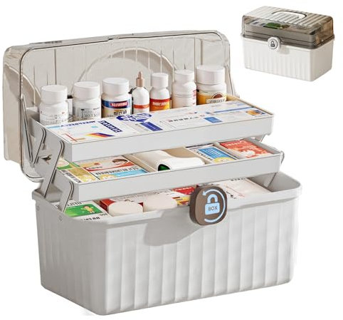 HNCY Medikamenten Aufbewahrung Groß, 3-Stöckige Medicine Organizer Box, Abschließbar Hausapotheke Box, Transparente Medizinbox, Tragbar Apothekerschrank Organizer, für Haushalt und Reisen (Weiß)