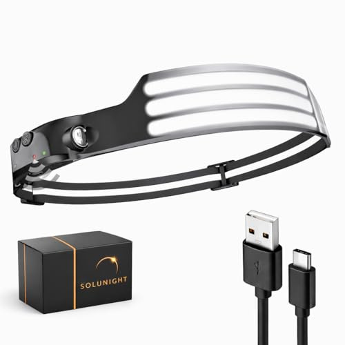 SOLUNIGHT – Lampe Frontale LED 230° Rechargeable USB-C – 2600mAh Réel, Capteur de Mouvement, Bande Réfléchissante 360°, Lampe Frontale Puissante pour Running, Pêche, Camping, Bricolage