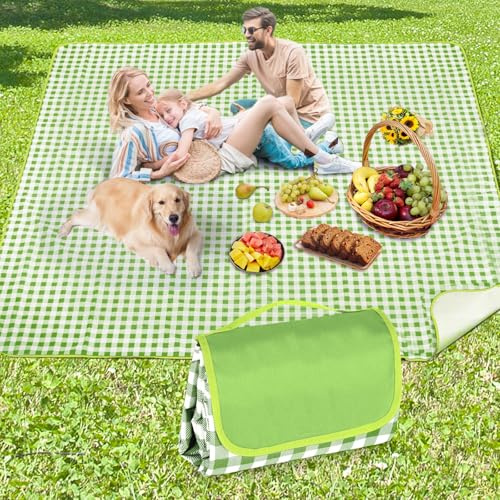 Anyiner Picnic Blanket Waterproof 200x200cm Large Travel Blanket Beach Blanket, Slip Resistant With Carrying Handle for Family Picnic Beach Camping, Blue Plaid (Green, 200 x 200 cm)