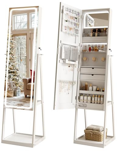 STARLEAD LED-Full-Length-Mirror-Jewelry-Cabinet-Organizer-Armoire-Standing, Wall-mounted with Lockable, 3 Colour Dimmable Light, Memory Function, Velvet Lining, Large Storage Space, White