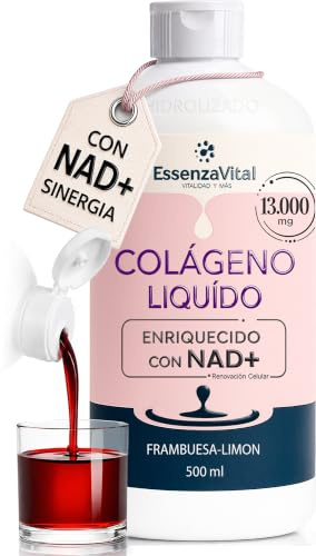 Essenzavital Collagène hydrolysé liquide buvable avec NAD+ et acide hyaluronique pour femmes - 13 g par dose - peau, cheveux et ongles - Goût framboise-citron - Supplément de beauté 500 ml (1 mois)