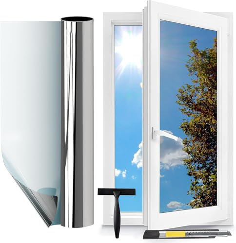 Gutsurge Spiegelfolie Fenster Sichtschutz 90x200cm Hitzeschutzfolie für Fenster Privatsphäre Sonnenschutzfolie Innen Rückstandslose Thermofolie gegen Hitze UV Schutzfolie Wärmeschutzfolie Silber