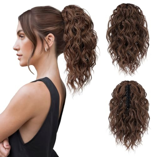 FLUFYMOOZ Ponytail Extension, 31CM kurze Klauen Pferdeschwanz Haarverlängerung, gewellte, lockige Pferdeschwanz mit Kinnclip, synthetische Perücken für Frauen Mittel Schokolade Braun
