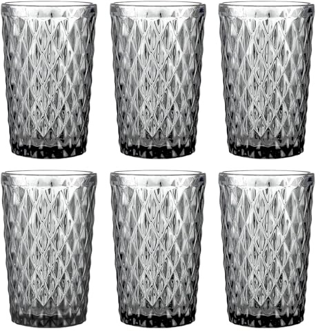 Lot de 6 verres à vin et verres à boire vintage colorés avec motif diamant (filet gris), verres à long drink, verres à cocktail avec gaufrage, verre à boire, verre à vin, verre à eau, verre en verre