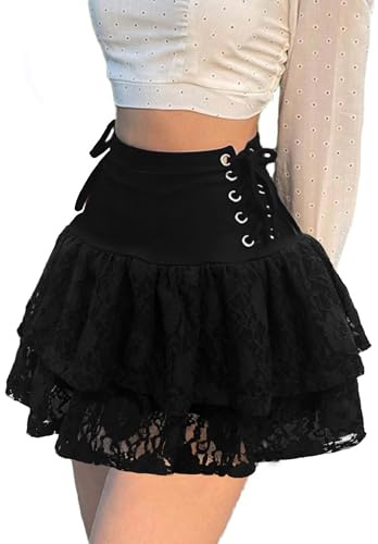 FDKLOOK Womens Black Lace Skirt High Waisted Lace-Up Double Layered Ruffles Patchwork Y2k Gothic Mini Skirts S