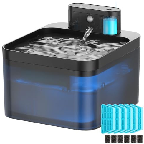 Katzenbrunnen Kabellos, VinDox 2.2L Trinkbrunnen für Katze Kabellos mit Bewegungsmelder, Batteriebetrieben Katzentrinkbrunnen, 2600mAh, Leise Wasserpumpe, 6 Ersatzfilter+ 6 Filterschwämme, Schwarz