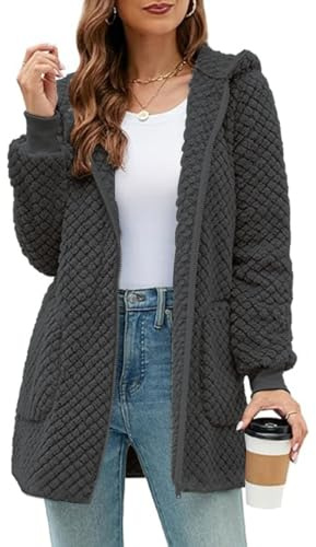 ABINGOO Damen Winterjacke Fleecejacke Lang Kapuzenjacke Teddyjacke Flauschig Plüschjacke Warm Reißverschluss Hoodie Kuscheljacke Wintermantel Mit Taschen(Grau,L)