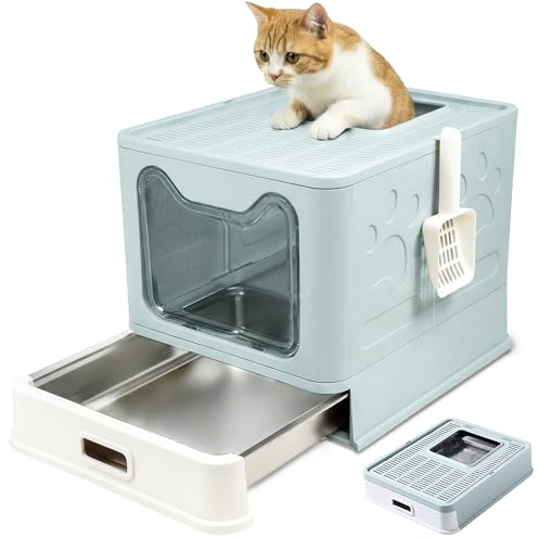 Arenero Gato Acero Inoxidable Cubierto – Caja Arena con Bandeja Extraíble – Antiolores, antifugas, fácil de Limpiar – Arenero para Gatos con Doble Entrada – con Pala – (38,3×51×41 cm) - Azul