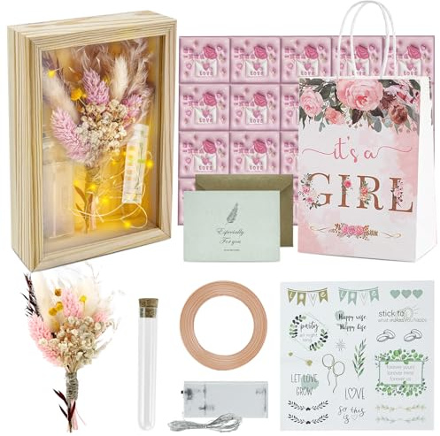 Rezolite Kreative Hochzeitsgeschenkbox-Set, Geldgeschenk Hochzeit, Hochzeitsgeschenke für Brautpaar, Einschließlich Holzbox, Trockenblumen, Reagenzgläsern, Bunten Lichtern, Geschenkpapier und Anderen