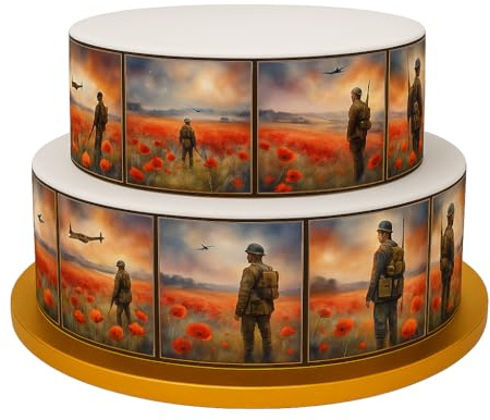 Remembrance Day Soldiers Poppy Field Collage Themed Border Edible Decor Icing Sheet Cake Decoration
