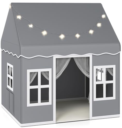 Maxmass Kids Play Tent, Large Children Playhouse with Star Lights and Non-slip Mat, Indoor & Outdoor Princess Castle Tent for Boys Girls (Grey)