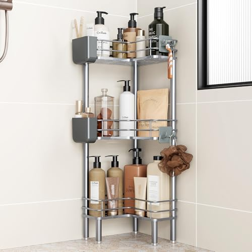 Orimade 3 Stück Duschregal Stehend,Ecke Duschablage Freistehende, Duschablage ohne Bohren für Badezimmer Silber