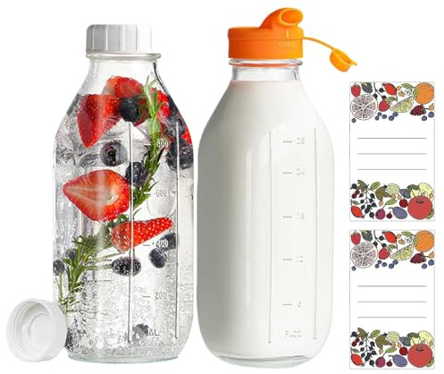 Calenxy Set di 2 bottiglie per il latte con coperchio, 1 litro, bottiglie di vetro con tappo a vite e beccuccio, con 2 indicatori di scala, ideali per succhi di latte, frappè, frigorifero, bottiglie