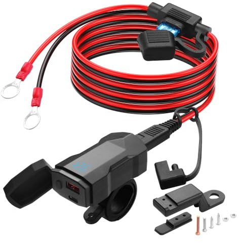 PNGKNYOCN Cargador de motocicleta total 48W 18AWG dos puertos USB tipo C con PD y QC 3.0, adaptador SAE a USB con interruptor ON/OFF