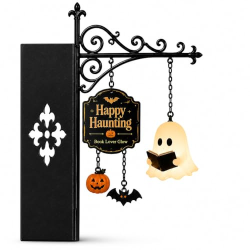 Ghost Bookshelf Lantern with Pumpkin & Bat, Decorative Bookshelf Lighting Halloween Decor Lamp Book Lover Gift，1pcs