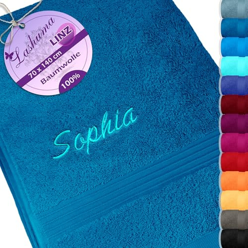 Lashuma Besticktes Handtuch mit Namen, Linz Duschtuch Blau - Petrol 70x140 cm, Badehandtuch groß