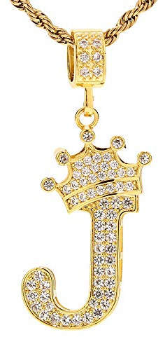 UALGL A-Z Letters Necklace Crown Necklace for Men Women 18K Gold Plated Letters Pendants with 23'' Chain Hip Hop Alphabet Name Jewelry Mom Gifts (Yellow-J)