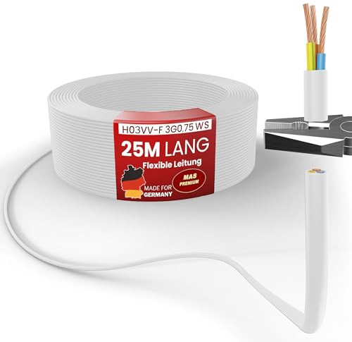 MAS Premium Von 5 bis 100m Kunststoffschlauchleitung H03VV-F 2X0,5, 2X0,75, 3G0,75 oder 4G0,75 Flexible Leitung Kabel Gerätekabel (H03VV-F 3G0,75 WS, 25m)