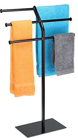 Relaxdays Piantana Porta Asciugamani, 3 Bracci per 6 Salviette, da Terra, Arredo Bagno, Cucina e Camera, in Ferro, Nero