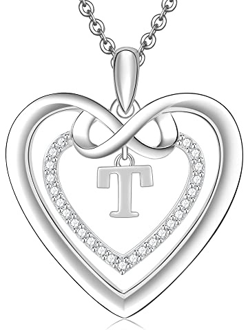 Kette Damen Silber 925 Halskette Initialen Herz und Unendlichkeit Buchstabe T Anhänger Geschenk Frauen
