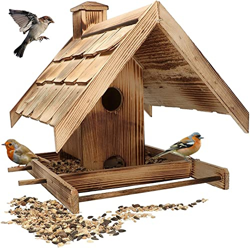 KOTARBAU® Comedero para pájaros de Madera, 37 x 29 cm, Dispensador de Comida, Casa para Aves, Casita de Madera flameada, + 0,5 Kilo de pienso Incluido