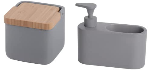 KOOK TIME Zubehör-Set für Küche - inkl. 1 x Salzdose mit Deckel und 1 x seifenspender küche mit stauraum für wäscher oder Schwamm - Keramik mattgrau und Bambus