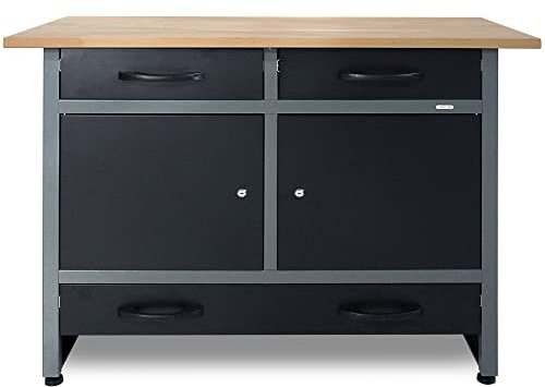 Werkbank Werktisch 120cm aus Metall mit 3 Schubladen, 2 Türen schwarz 28mm Buchenholzplatte bis 510kg belastbar