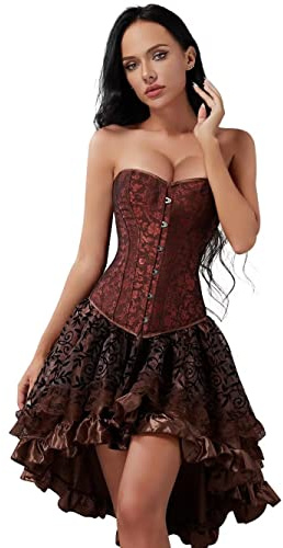 Jutrisujo Korsett Kleid Rock Set Damen Kostüm Pirat Corsage Corset Dress Bustier Korsage Corsagenkleid Halloween Piratenkleid Braun S
