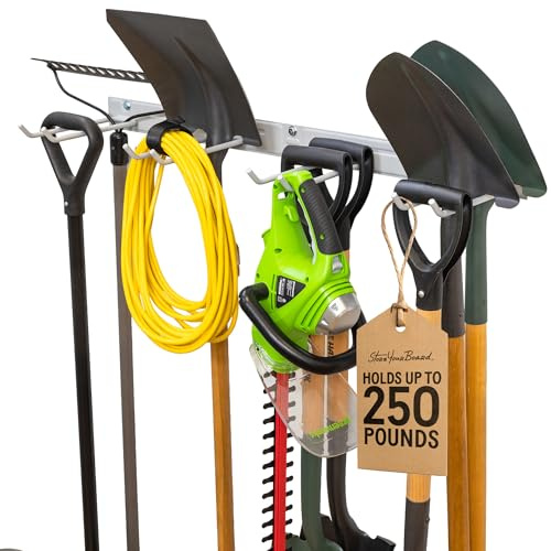 StoreYourBoard Heavy Duty Garden Tool Rack for Garage & Shed – Solid Steel Garden Tool Organiser, 4 Slot Metal Shed Storage Rack for Rakes, Spades & Handle Tools, 113 kg Capacity Garage Wall Storage
