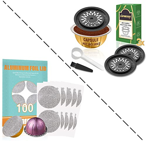 CAPMESSO 100pcs Aluminum Foils Lids and 3pcs Silicone Caps to Reuse Vertuoline Capsules Coffee Pods Compatible with Nespresso VertuoLine Machine