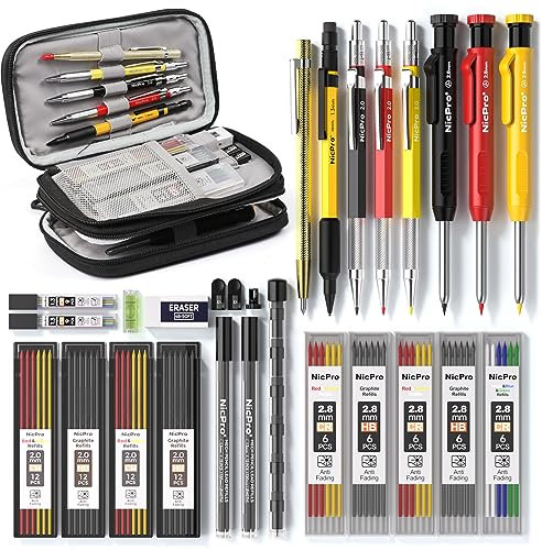 Nicpro 28 Stück Mechanischer Zimmermannsbleistifte Set mit Leinenetui, Bleistift Baustelle mit Ersatzminen und Anreißwerkzeug, Bleistift für Holzarbeiten, Baustelle