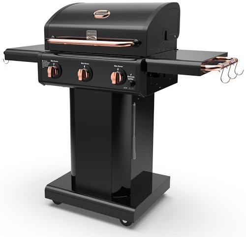 Kenmore 3-Burner Gas Grill | Foldable Side Tables, Cast Iron Cooking Grates, Warming Rack, Hooks for BBQ Grilling Tools, Propane Gas Barbecue Grill, 30,000 BTUs, Black with Copper Accent