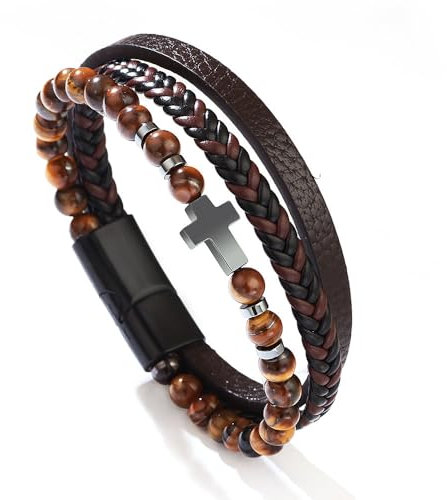 Lucktao Premium Lederarmband für Herren - Edelstahl Echtleder Mit Magnet Verschluss, Naturstein Geflochten, Perlenarmband Tigerauge, Kreuz Design