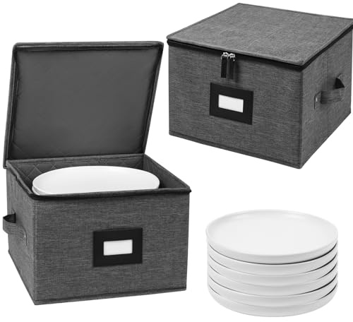 Mayniu China Storage Containers Hard Shell, 12 Plate Storage Containers for Dishes, Stackable Dinnerware Storage with 24 Felt Dividers (2 Pack Black)