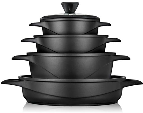 briebe Set Pentole Induzione Batteria 8 Pezzi, 4 Casseruola, Alluminio Pressofuso, Antiaderente ILAG GRANITEC senza PFOA, Coperchi in Vetro, Guanti in Silicone, Vetroceramica, Gas, Forno, MGK-17S