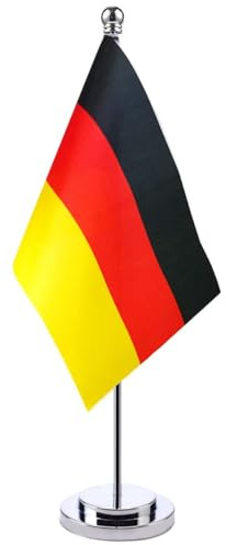 Deutschland Tischfahne Deutsche Flagge 21 x 14 cm Stahlmast und Sockel Klein Flaggen Unternehmen Konferenz Dekoration Tischfahne WM Deutschland Flagge Klein | Fahne mit Messingösen 100% Polyester Frankreich Trikot Tour de France Euro Fußball EM Festivals Parade Garten Bar Dekoration
