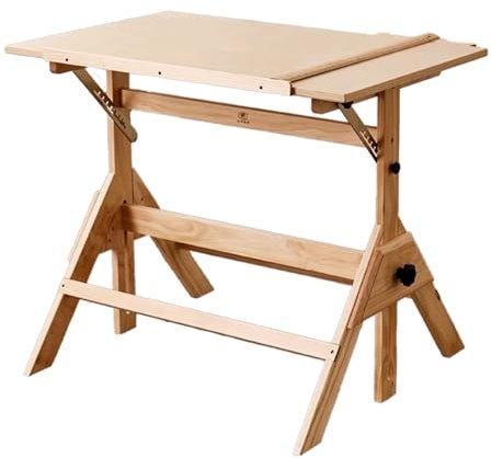 oiakus Holz-Zeichentisch, Studio-Maltisch, Kunst- und Basteltisch mit neigbarer, vergrößerter Tischplatte und T-Quadrat-Lineal, höhenverstellbar, für Kunstwerke, Schreiben