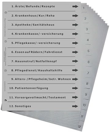Ordnerregister für Betreuung und Pflege, durchdachtes Register für DIN A4 Ordner, Pflegeordner, Vorsorgeordner für Senioren, Pflegebedürftige und Angehörige, lichtgrau