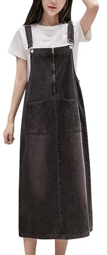 Yishengwan Salopette Gonna Donna Jeans Lunga Vestito Salopette Overall Denim Vestiti Taglie Forti con Tasche Grigio Scuro 5XL