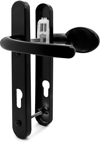 TSS Black UPVC Door Handle Pair Set, Sprung, 92mm PZ Centres, Lever Moveable Pad, 122mm Screw to Screw, Backplate 245mm x 34mm - Replacement PVC Door Handle in Black